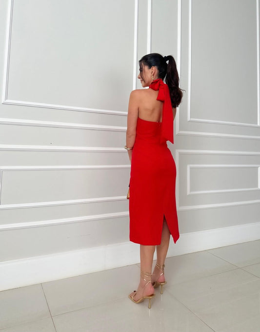 Diane - Rochie midi elegantă cu guler înalt și spate gol