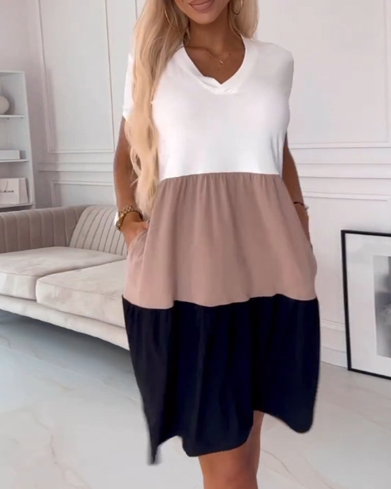 Alva – Rochie Casual cu Mâneci Scurte și Blocuri de Culoare