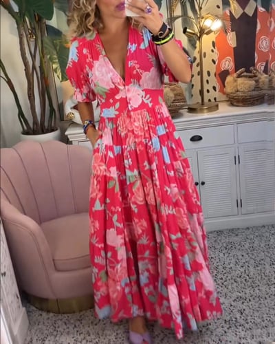 Carine | Rochie cu buzunare, decolteu în V, cu imprimeu floral