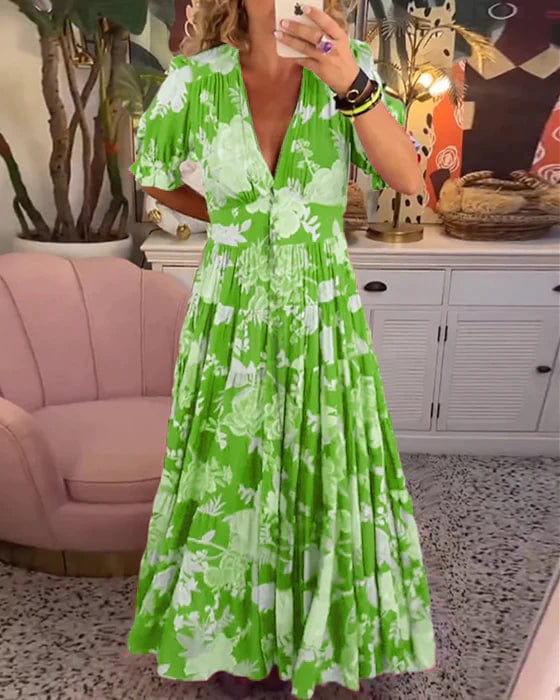 Carine | Rochie cu buzunare, decolteu în V, cu imprimeu floral