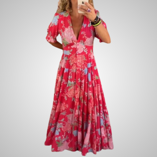 Carine | Rochie cu buzunare, decolteu în V, cu imprimeu floral