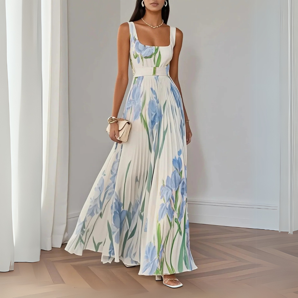 Nancy – Rochie lungă plisată cu flori, stil rafinat pentru femei