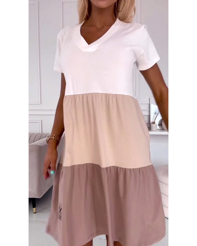 Alva – Rochie Casual cu Mâneci Scurte și Blocuri de Culoare