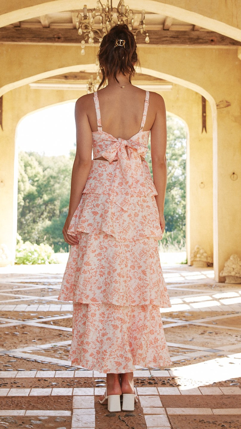 Isadora – Rochie maxi cu flori în nuanță de piersică