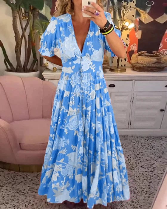 Carine | Rochie cu buzunare, decolteu în V, cu imprimeu floral