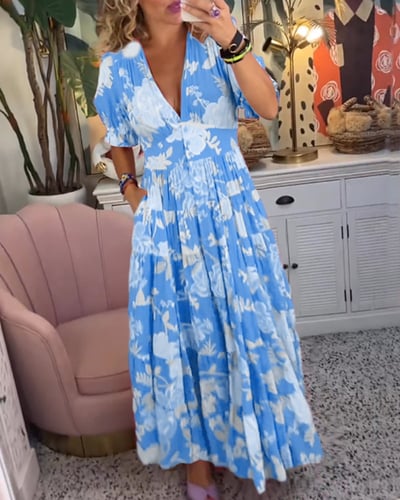 Carine | Rochie cu buzunare, decolteu în V, cu imprimeu floral