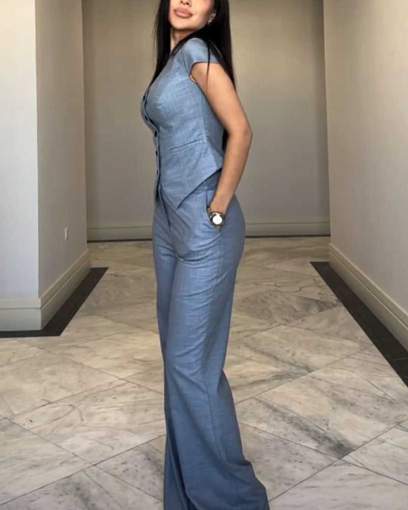 Julie – Set Top cu Decolteu în V și Pantalon Asortat