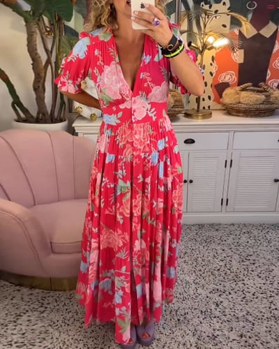 Carine | Rochie cu buzunare, decolteu în V, cu imprimeu floral