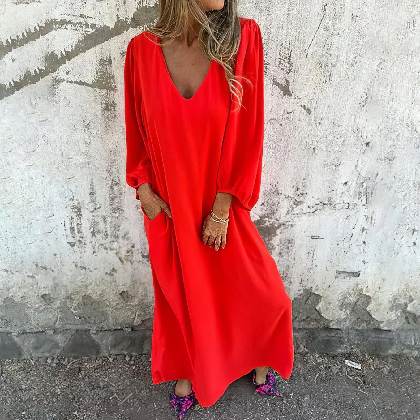 Roze™ | Rochie lungă în stil boem cu buzunare