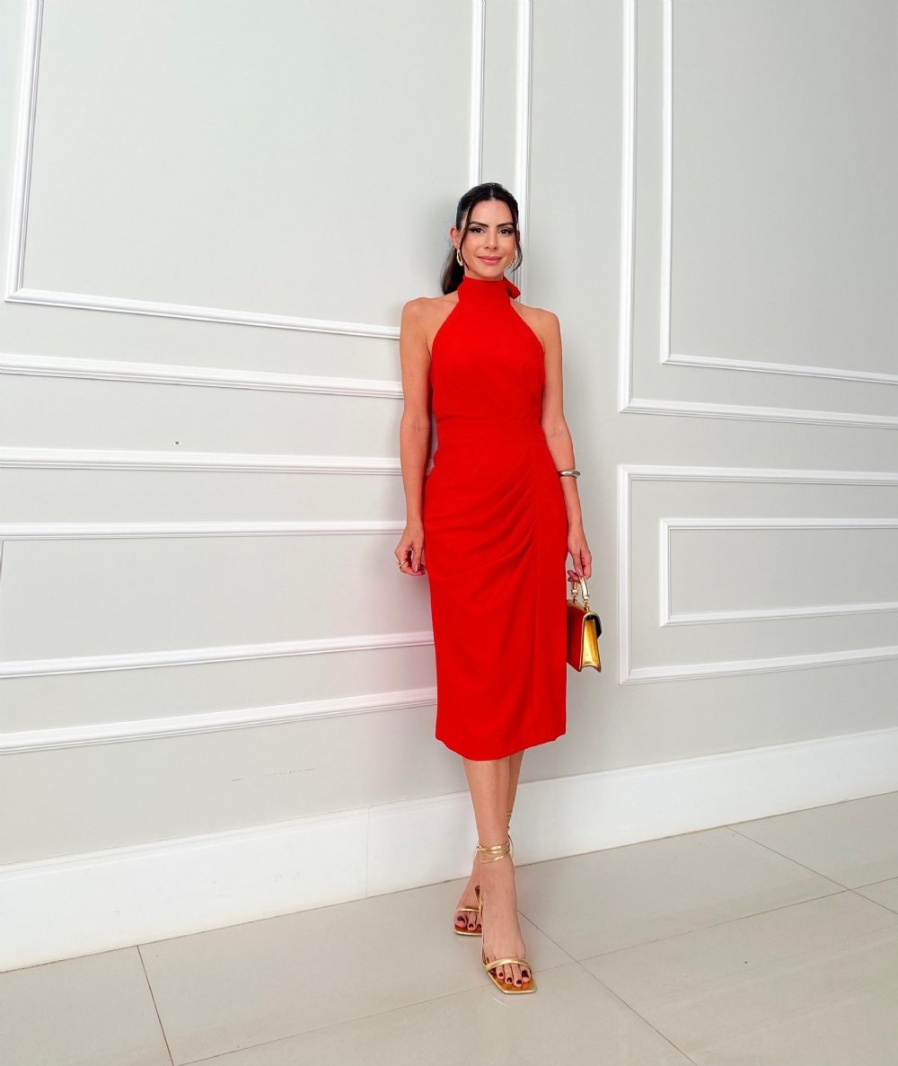 Diane - Rochie midi elegantă cu guler înalt și spate gol