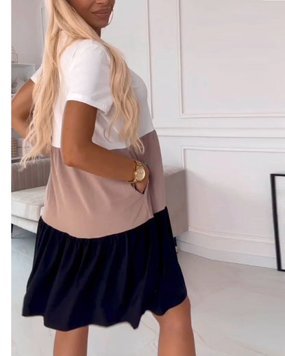 Alva – Rochie Casual cu Mâneci Scurte și Blocuri de Culoare