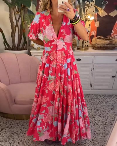 Carine | Rochie cu buzunare, decolteu în V, cu imprimeu floral