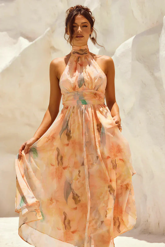 Livia - Rochie cu spate gol și guler halter, imprimeu acvarel