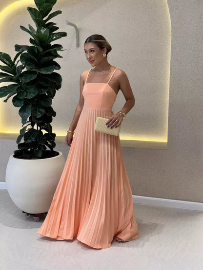 Kimberly - Rochie lungă plisată cu bretele subțiri